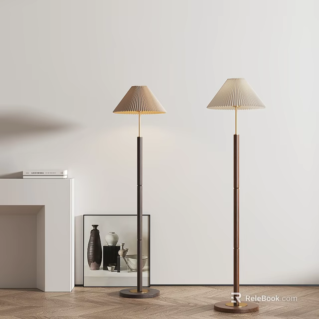 Modern Minimalist Floor Lamps With Light Colored Shades And Dark Wooden Bases In Living Room 3d model 