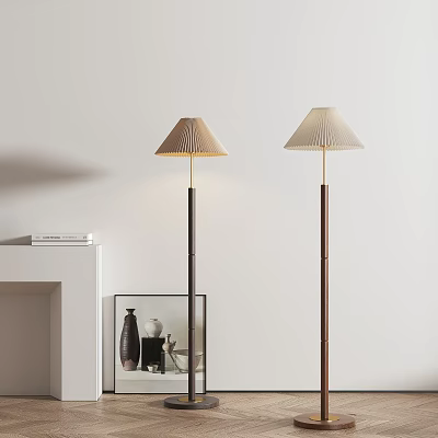 Modern Minimalist Floor Lamps With Light Colored Shades And Dark Wooden Bases In Living Room 3d model