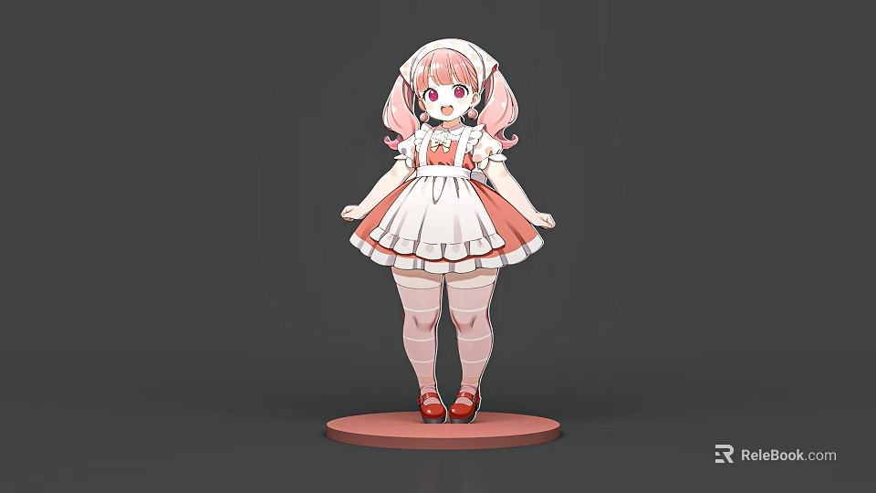 Woman In Red And White Maid Outfit With Pink Pigtails And Red Shoes Standing 3d model 