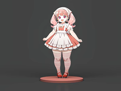 Woman In Red And White Maid Outfit With Pink Pigtails And Red Shoes Standing 3d model
