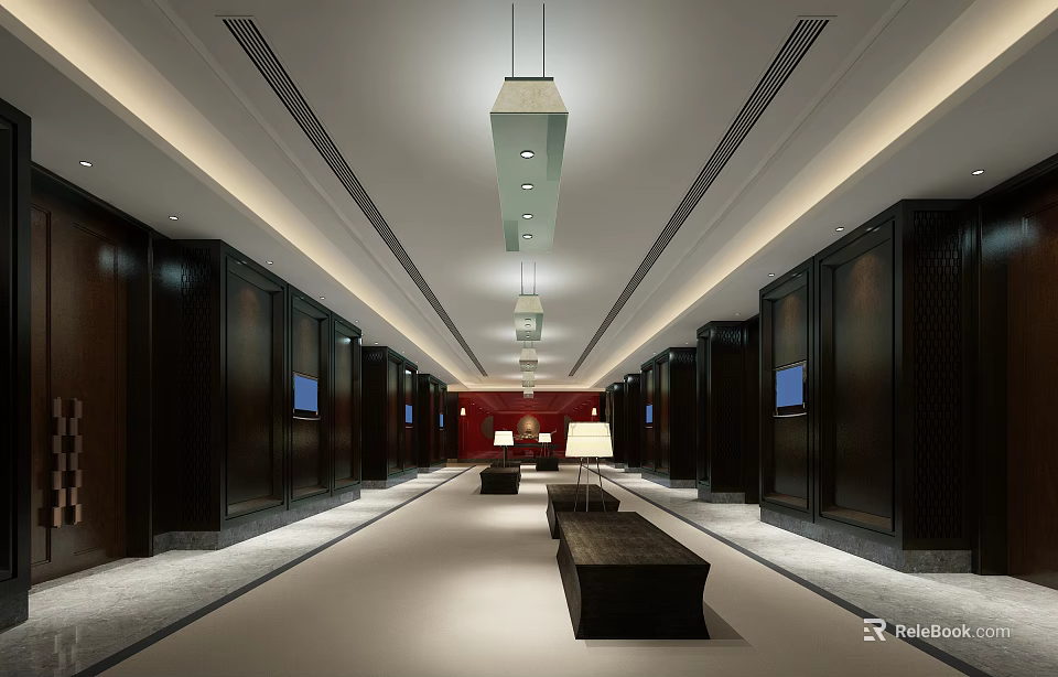 Modern Store Front Desk Design With Hanging Lights And Seating Benches 3d model