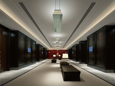 Modern Store Front Desk Design With Hanging Lights And Seating Benches 3d model