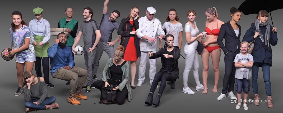 Group of Diverse People Standing and Sitting in Various Poses Together 3d model 