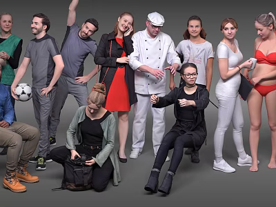 Group of Diverse People Standing and Sitting in Various Poses Together 3d model