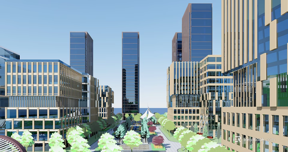 Modern Office Buildings Complex With Lush Green Trees And Pedestrian Walkway 3d model 