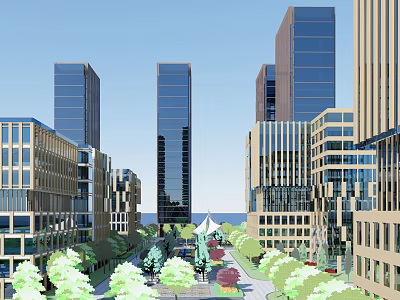 Modern Office Buildings Complex With Lush Green Trees And Pedestrian Walkway 3d model