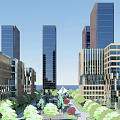 Modern Office Buildings Complex With Lush Green Trees And Pedestrian Walkway