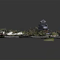 Detailed Traditional Japanese Castle Model With Green Landscape Trees Pathways And Garden