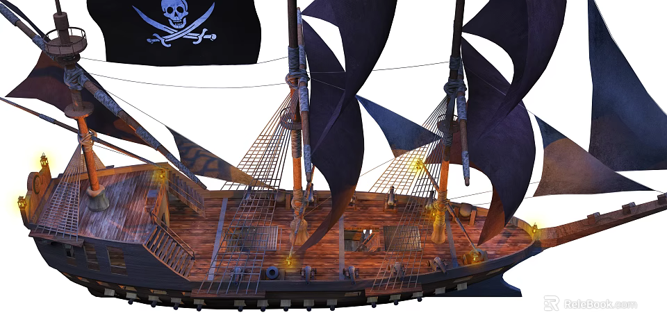 Pirate Sailing Ship with Black Skull Crossbones Flag Black Sails Wooden Deck and Illuminated Lights 3d model 