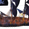 Pirate Sailing Ship with Black Skull Crossbones Flag Black Sails Wooden Deck and Illuminated Lights