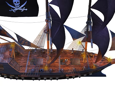 Pirate Sailing Ship with Black Skull Crossbones Flag Black Sails Wooden Deck and Illuminated Lights 3d model