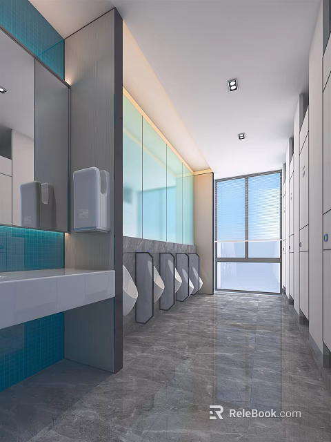 Modern Hotel Public Bathroom with Multiple Urinals Washbasin Glass Partitions Large Windows and Tiled Walls 3d model 