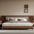 Modern Natural Double Bed Setup With Wooden Woven Headboard Neutral Bedding Nightstands Lamp And Wall Art