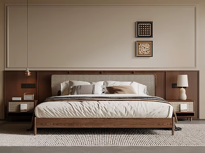 Modern Natural Double Bed Setup With Wooden Woven Headboard Neutral Bedding Nightstands Lamp And Wall Art 3d model