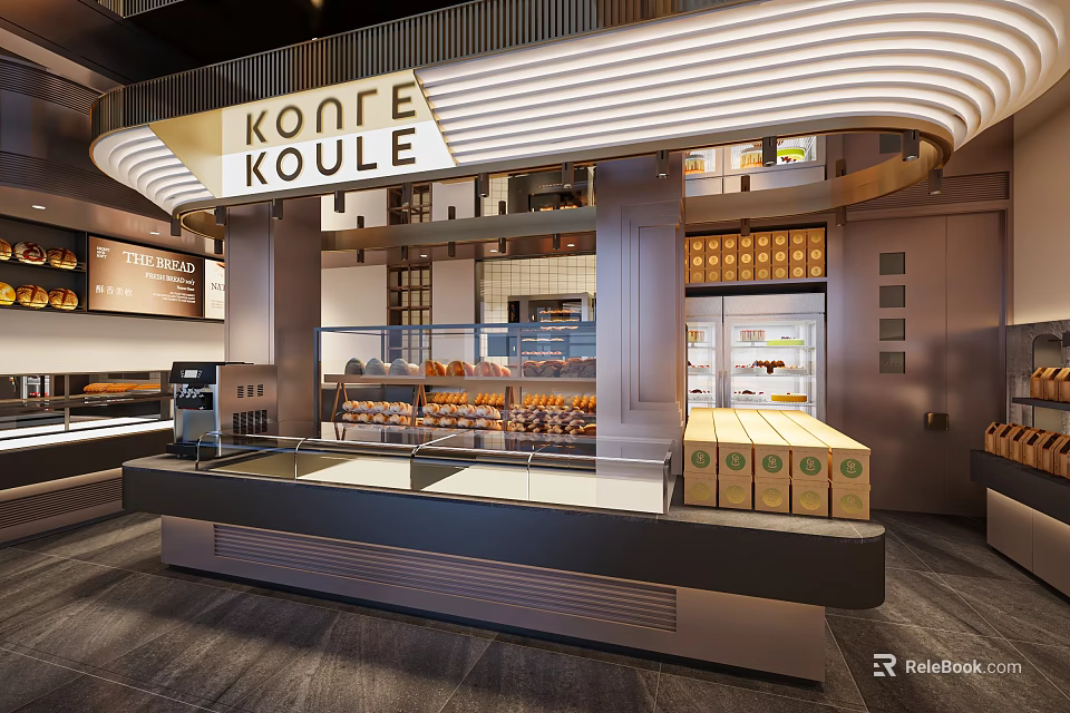 Modern Dessert Shop Interior With Glass Display Cases Fresh Pastries And Counter 3d model 