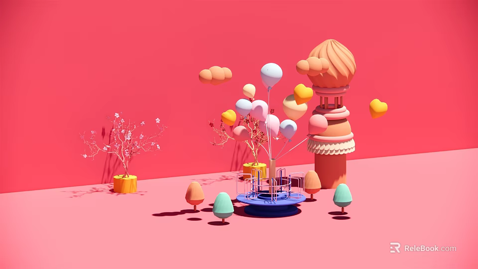 Pink Background Decor With Colorful Balloons Clouds Mushroom Shaped Objects And Castle Tower 3d model 