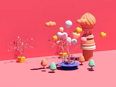Pink Background Decor With Colorful Balloons Clouds Mushroom Shaped Objects And Castle Tower 3d model