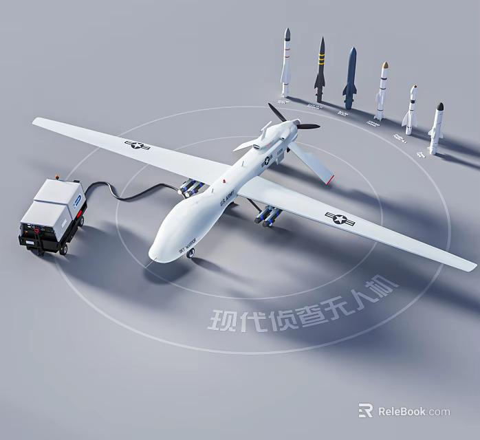 Modern Reconnaissance Drone Fighter With Ground Control Vehicle And Missiles 3d model 