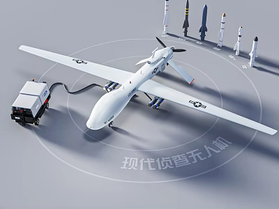 Modern Reconnaissance Drone Fighter With Ground Control Vehicle And Missiles 3d model