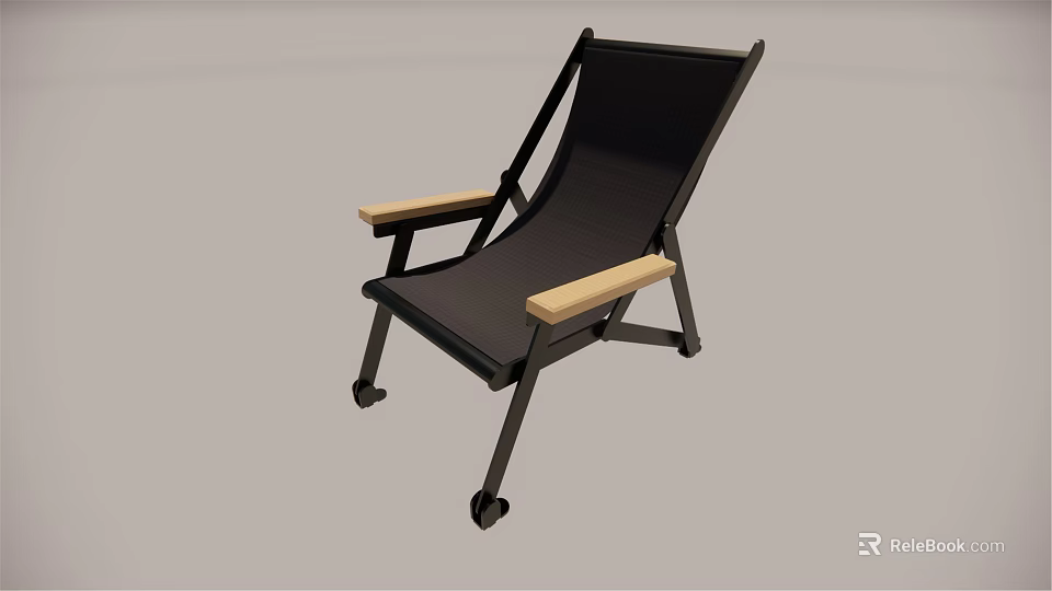 Black Lounge Chair With Wooden Armrests And Metal Frame On Wheels 3d model 