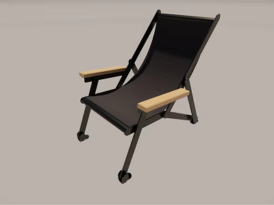Black Lounge Chair With Wooden Armrests And Metal Frame On Wheels 3d model