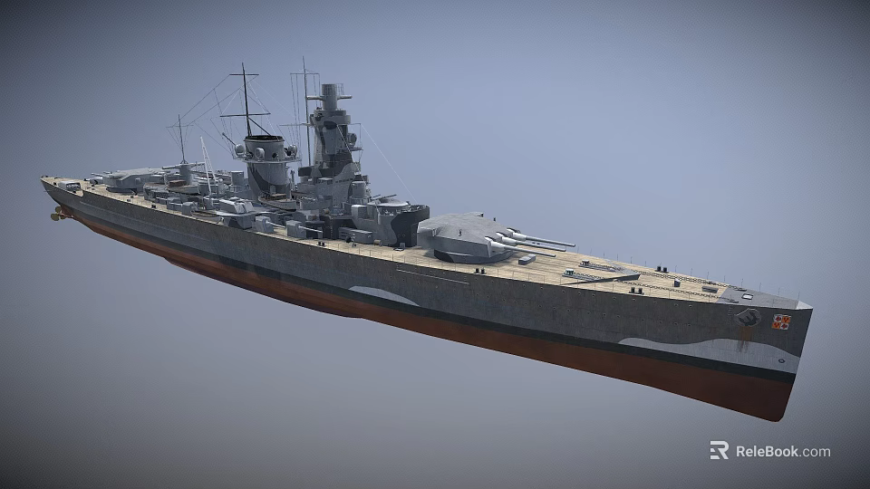 Vintage Battleship With Large Turrets Gray Hull And Deck Antenna Structures 3d model