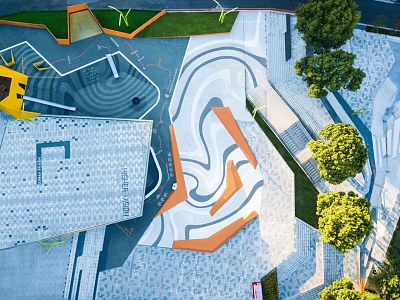 Modern Commercial Landscape Design Featuring Curved Paths Green Trees And Geometric Paving 3d model