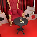 Red Curtain Stage Featuring Golden Chair Playing Card Elements Heart Decoration And Hot Air Balloon