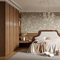 Modern Elegant Bedroom Interior With Wooden Wardrobe Patterned Wallpaper Chandelier Bed Rug And Chair