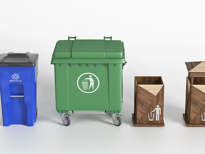 Public Facility Waste Sorting Trash Bins With Blue Green And Wooden Containers 3d model