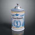 Vintage White Decorative Cup With Silver Lid Blue Patterns And Gold Trim