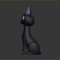 Cute Black Cartoon Cat With Purple Ears Big Eyes Sitting On Gray Background