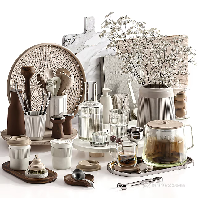 Elegant Decorative Accessories Set Featuring Ceramic Vase Glass Mugs Tray And Dried Flowers 3d model 