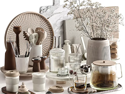 Elegant Decorative Accessories Set Featuring Ceramic Vase Glass Mugs Tray And Dried Flowers 3d model