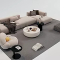 Modern Beige Sofa And Coffee Table Set With Pillows Blanket Side Table And Rug 3d model