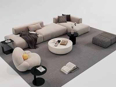 Modern Beige Sofa And Coffee Table Set With Pillows Blanket Side Table And Rug 3d model