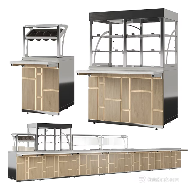 Commercial Kitchen Equipment With Wooden Cabinets Glass Display And Metal Frame 3d model 