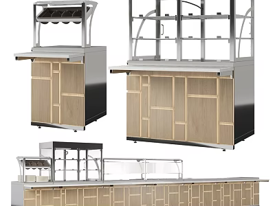 Commercial Kitchen Equipment With Wooden Cabinets Glass Display And Metal Frame 3d model