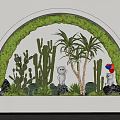 Arched Indoor Landscape With Moss Wall Cacti Palm Trees White Lion Sculpture And Colorful Bird