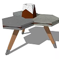 Contemporary Coffee Table Featuring Polygonal Gray Stone Top Wooden Legs And White Textured Decor