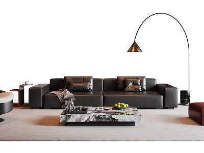 Black Leather Sofa Coffee Table Set with Marble Top Arched Floor Lamp in Living Room 3d model