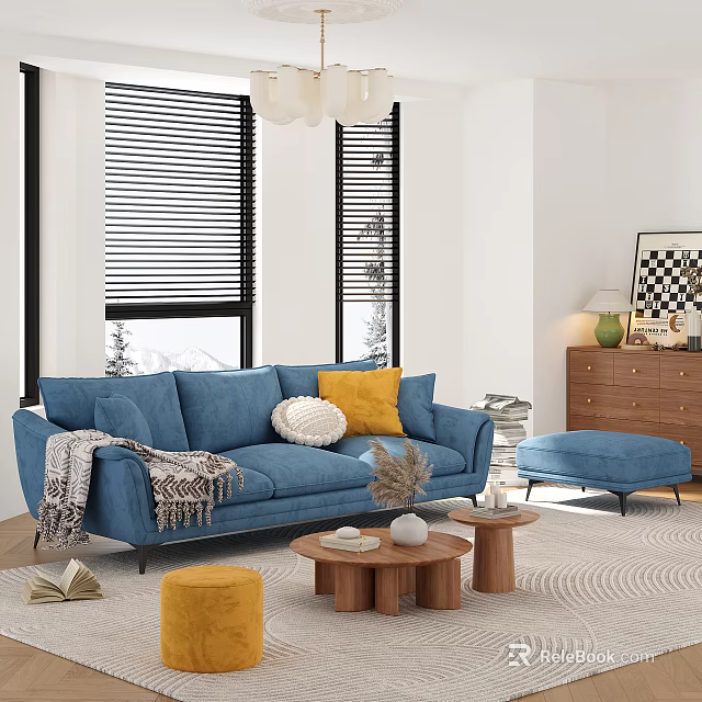 Cozy Modern Living Room Interior With Blue Sofa Yellow White Pillows And Wooden Coffee Table 3d model 