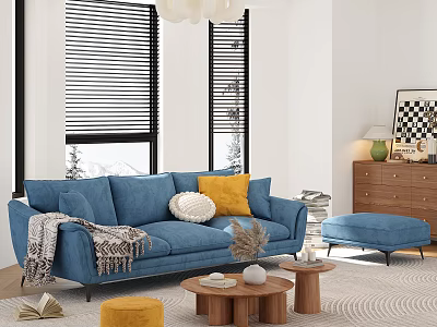 Cozy Modern Living Room Interior With Blue Sofa Yellow White Pillows And Wooden Coffee Table 3d model