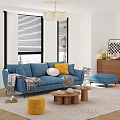 Cozy Modern Living Room Interior With Blue Sofa Yellow White Pillows And Wooden Coffee Table