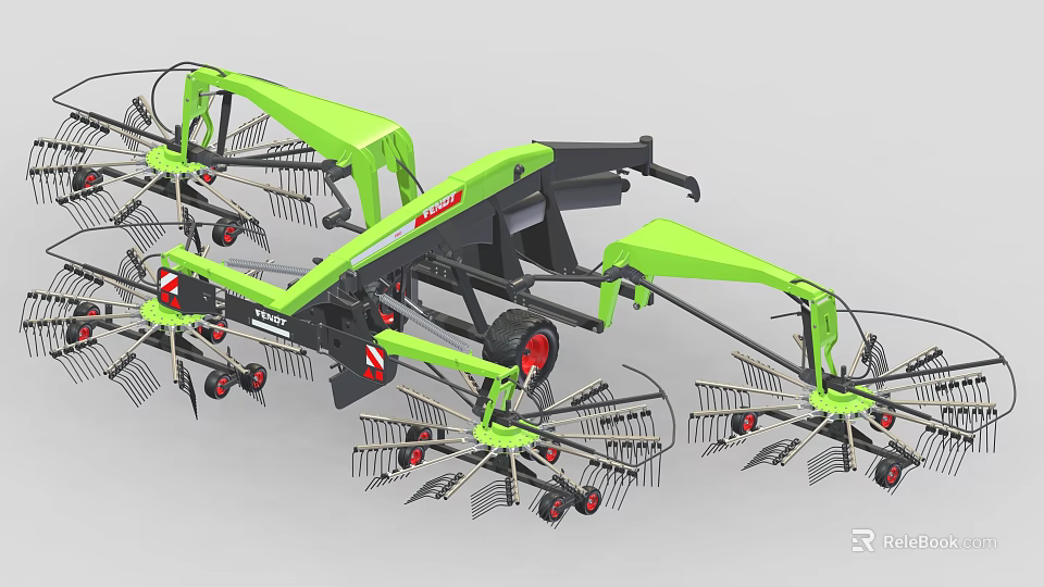Green Agricultural Hay Rake Machinery With Multiple Rotary Tine Arms And Red Wheels 3d model 