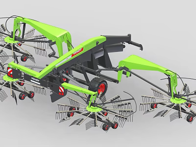 Green Agricultural Hay Rake Machinery With Multiple Rotary Tine Arms And Red Wheels 3d model