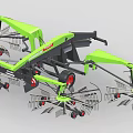 Green Agricultural Hay Rake Machinery With Multiple Rotary Tine Arms And Red Wheels