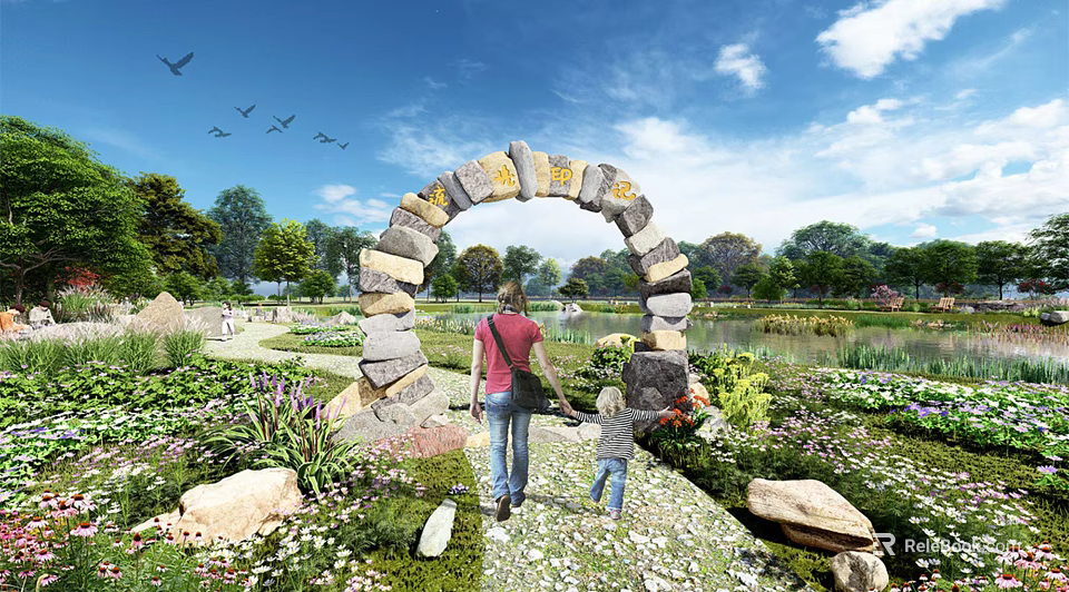 Waterfront Landscape With Stone Archway Adult And Child Walking In Garden By Pond 3d model 