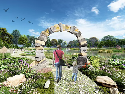 Waterfront Landscape With Stone Archway Adult And Child Walking In Garden By Pond 3d model