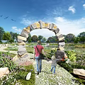 Waterfront Landscape With Stone Archway Adult And Child Walking In Garden By Pond